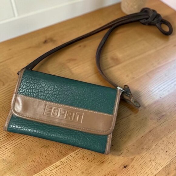 Vintage Esprit 1980's Crossbody Shoulder Bag Credit Card Flap Green and Brown - Picture 8 of 9
